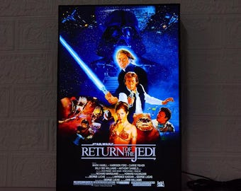 May include: A vintage movie poster for the film Star Wars: Return of the Jedi. The poster features a dark blue background with a lightsaber, a space battle, and the main characters from the film, including Luke Skywalker, Princess Leia, Han Solo, and Darth Vader. The text on the poster reads "Star Wars: Return of the Jedi".