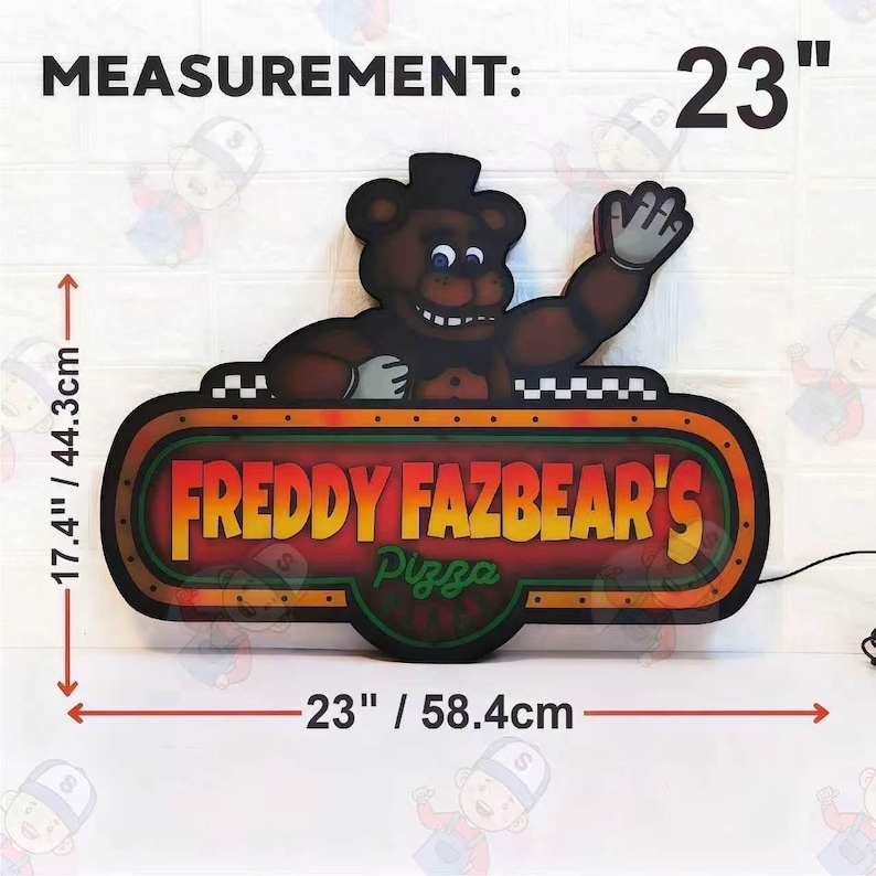 May include: A Freddy Fazbear's Pizza sign featuring a brown bear character waving, with orange and yellow text on a dark background. The sign measures 23 inches in width and 17.4 inches in height, with a black power cord extending to the right side.