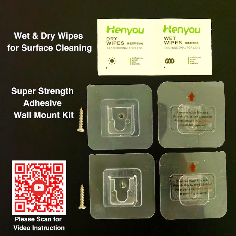 May include: A set of four clear plastic wall mount kits with adhesive backing. Each kit includes a screw and a small plastic hook. The kits are designed to be used with a lightbox. The image also includes two packages of wet and dry wipes for cleaning lenses, labeled "Henyou".