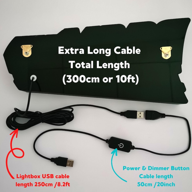 May include: Black lightbox with a long USB cable and a dimmer switch. The cable is 10 feet long and has a separate dimmer switch on a 20-inch cable.  "Extra Long Cable Total Length (300cm or 10ft)" is printed on the lightbox.