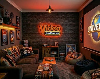 Retro Video HeadQuarters LED Sign | Home Theatre Decor | Movie Room Gift | Man Cave Light