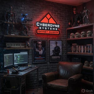 Puede incluir: Una habitación con paredes de ladrillo, iluminada con neón rojo, con un letrero de "Cyberdyne Systems Skynet Division". La habitación está decorada con carteles de películas de Terminator, figuras y un sillón de cuero. También hay un escritorio con monitores de ordenador y un teclado.