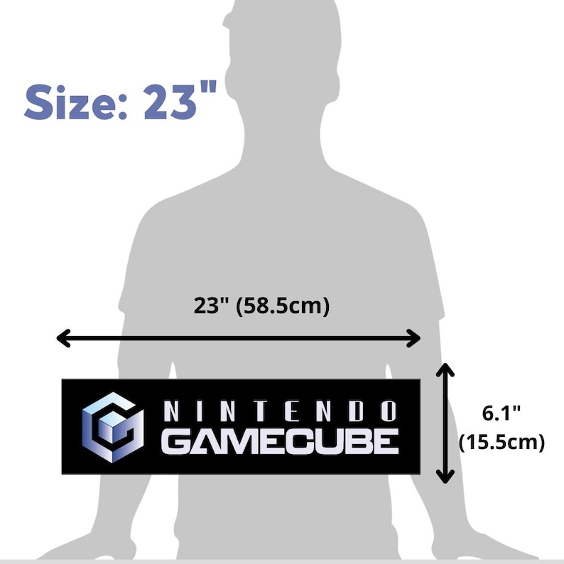 May include: A black and white Nintendo GameCube logo on a black rectangle. The rectangle is 23 inches wide and 6.1 inches tall.