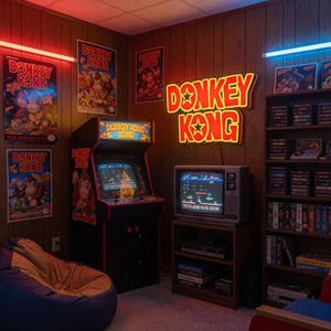 Può includere: Una sala giochi retrò con poster di Donkey Kong e un'insegna al neon. Un cabinato arcade e una TV vintage mostrano il gioco. Un pouf è in primo piano, con scaffali di cartucce di videogiochi e videocassette.