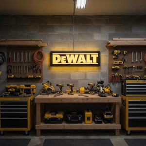 May include: A workshop with a range of yellow and black DeWalt power tools and toolboxes. The DeWalt logo is displayed on a lit sign. Tools are arranged on a wooden workbench and pegboards, creating a functional and visually appealing workspace. The lighting is bright.