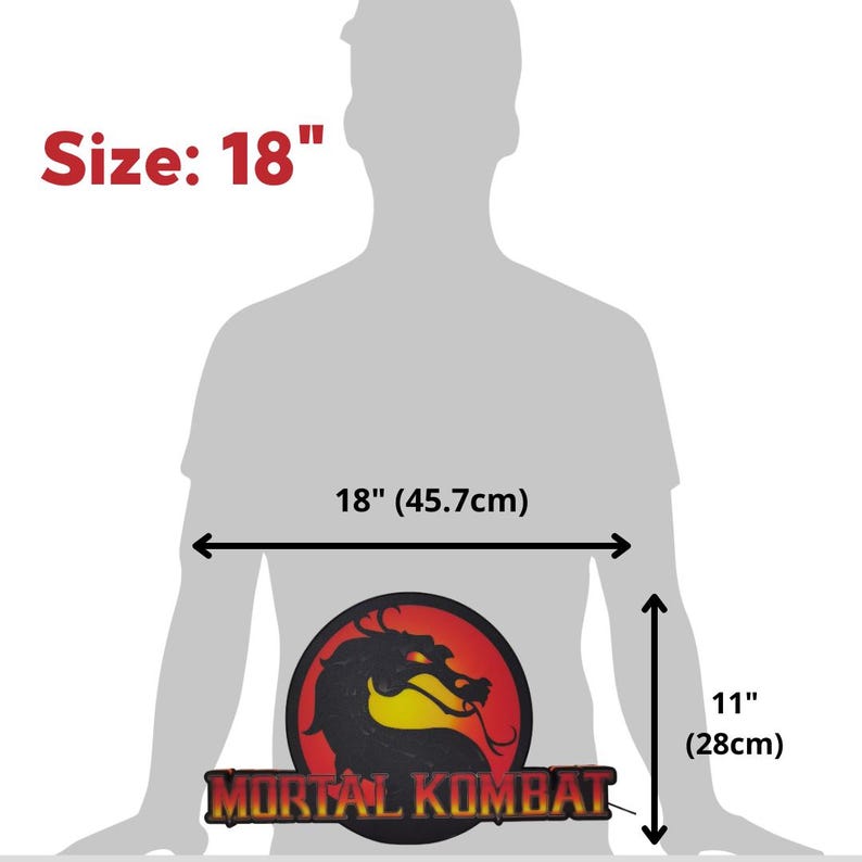 K&ouml;nnte beinhalten: Das Mortal Kombat-Logo zeigt einen schwarzen Drachen auf rotem und gelbem Hintergrund. Das Logo ist 45,7 cm breit und 28 cm hoch. Der Text "MORTAL KOMBAT" steht darunter, mit "Size: 18" oben links.