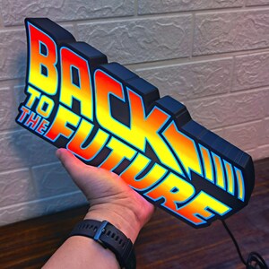 Op de afbeelding: Een achtergrondverlicht bord met de tekst "BACK TO THE FUTURE" in een gestileerd lettertype met gele, oranje en rode verlopen. Het bord heeft een zwarte rand en een kenmerkend pijlvormig ontwerp.
