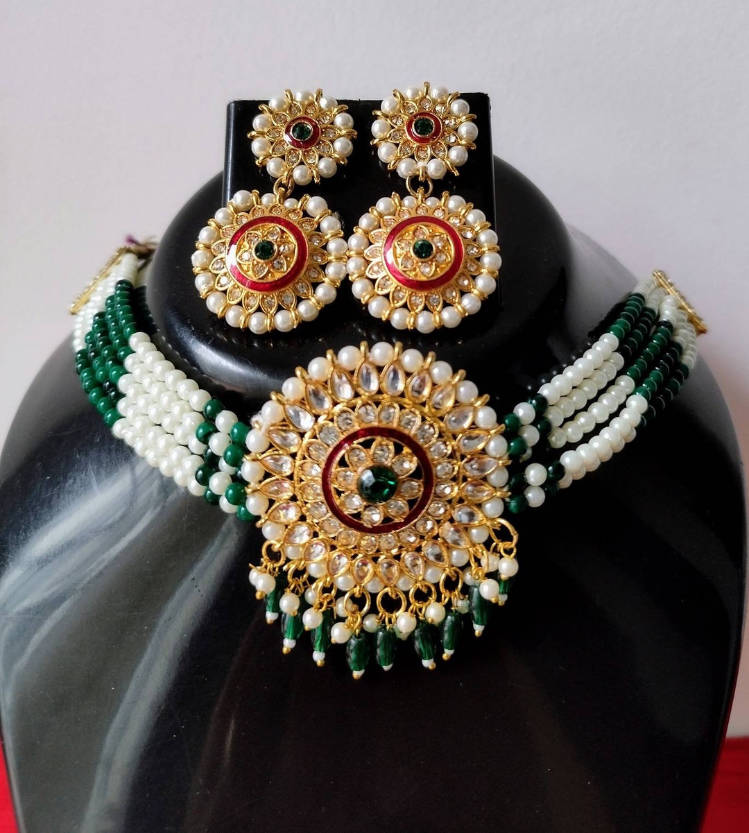 Green Jaipuri Choker Necklace,handmade Marwadi Kundan Choker Necklace
