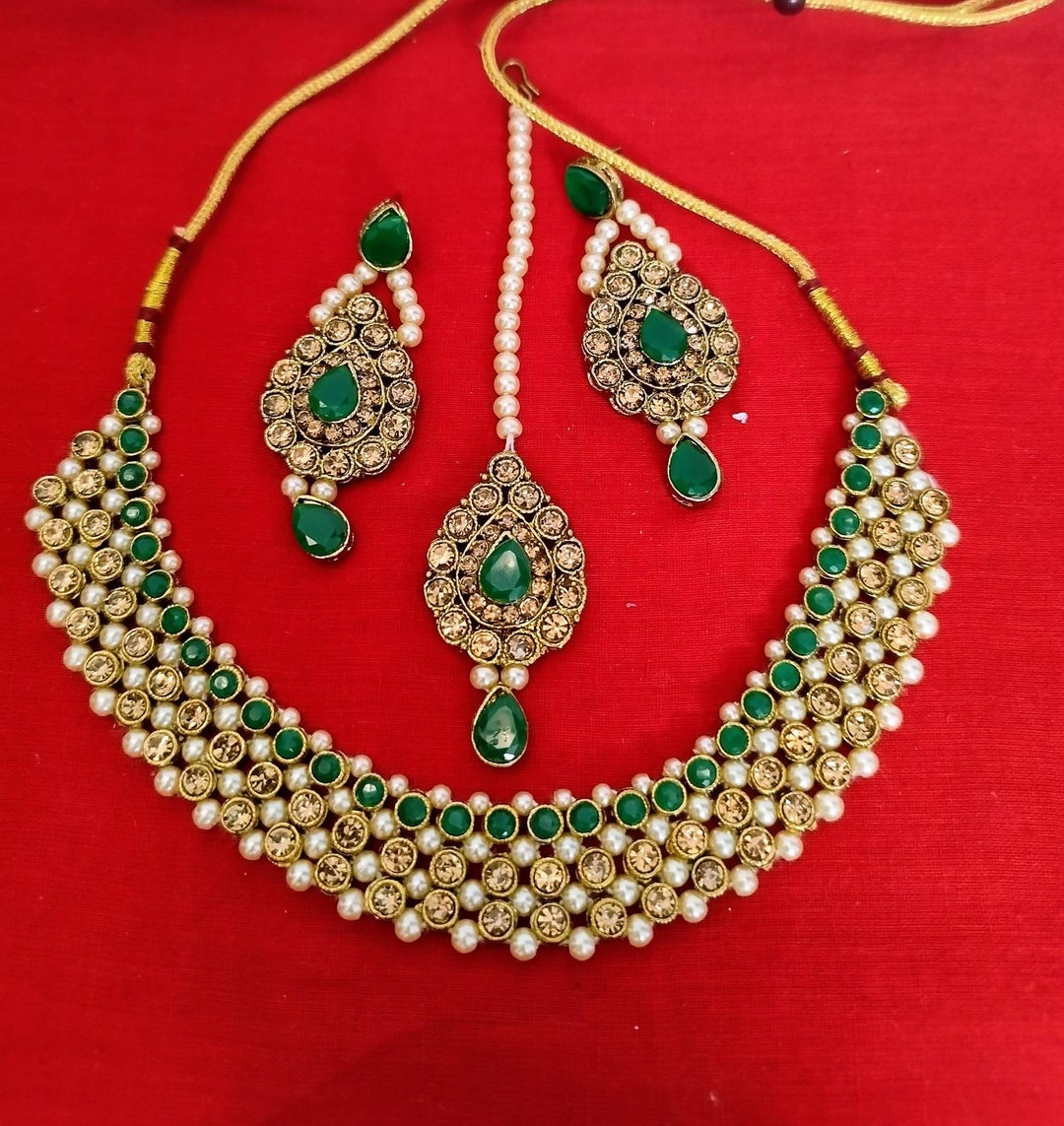 Buy Kundan Choker Set,indian Jewellery,green Choker Necklace,maang Tikka Set,party Wear Handmade