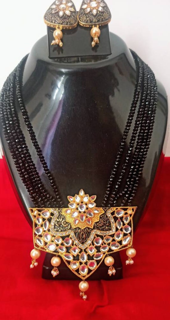 Black Beaded Kundan Necklace Set jaipuri Jewellery long Necklace