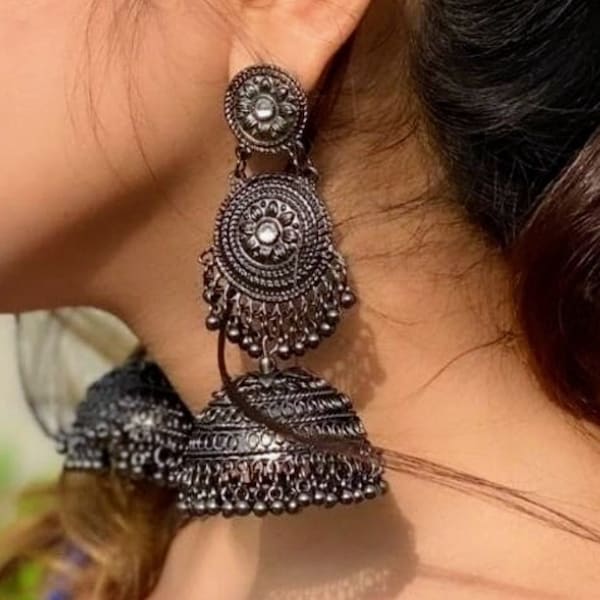 Bollywood oxidized earrings/big Jhumka /Black metal earrings/oxidized silver plated earrings/ethnic earrings/partywear/handmade big earrings