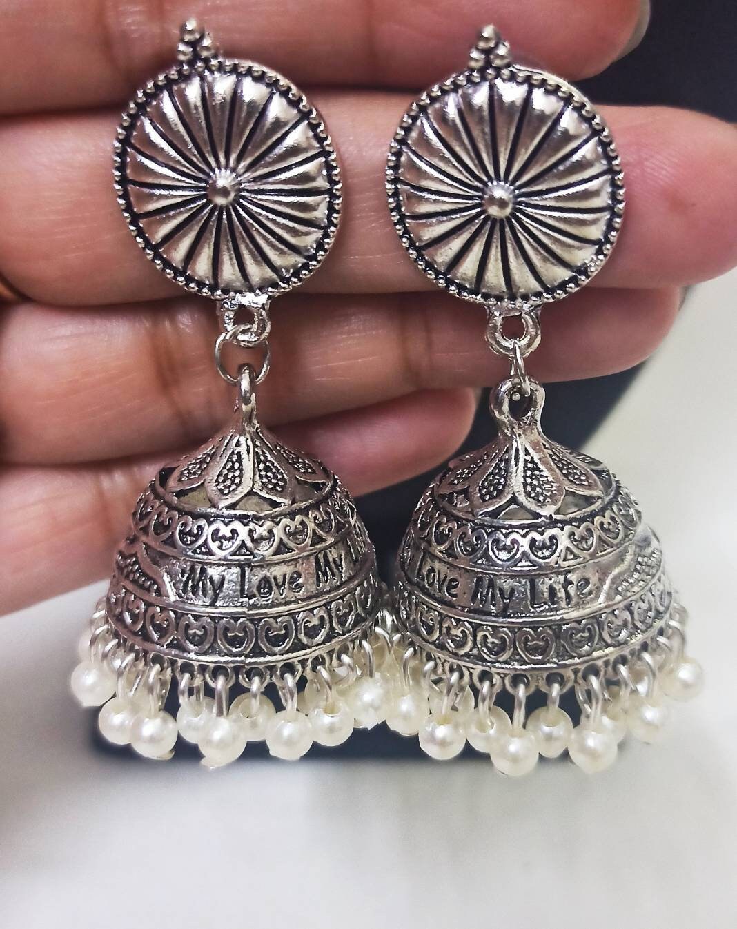 Oxidised silver store jhumka earrings