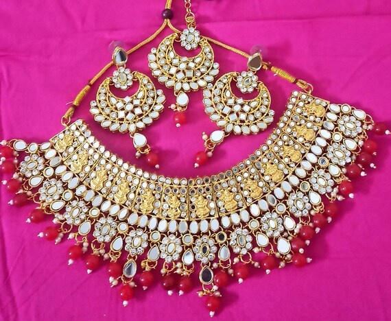 Indian Jewellery mirror Choker Necklace maang Tikka Set Bridal