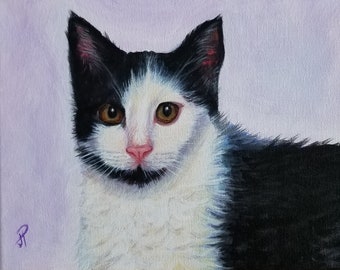 Tuxedo cat painting, black and white cat, original cat paintings, cat