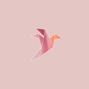 May include: A pink and orange origami crane with white outlines, against a light pink background.