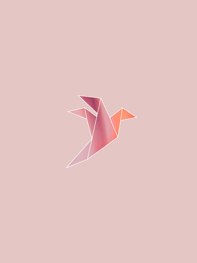 May include: A pink and orange origami crane with white outlines, against a light pink background.