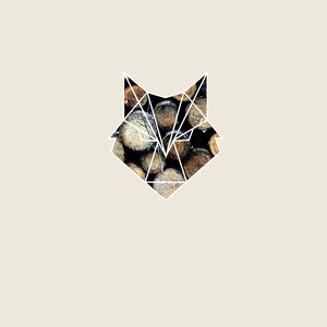 May include: A geometric fox silhouette with a wood texture inside. The fox is outlined in white and the wood texture is brown and black.