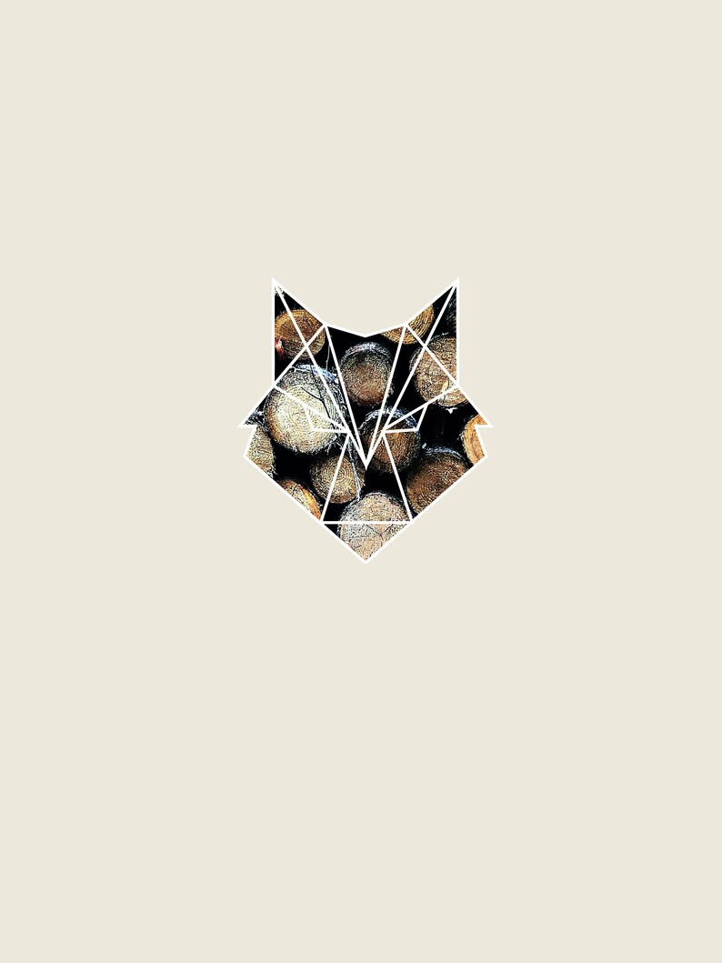 May include: A geometric fox silhouette with a wood texture inside. The fox is outlined in white and the wood texture is brown and black.