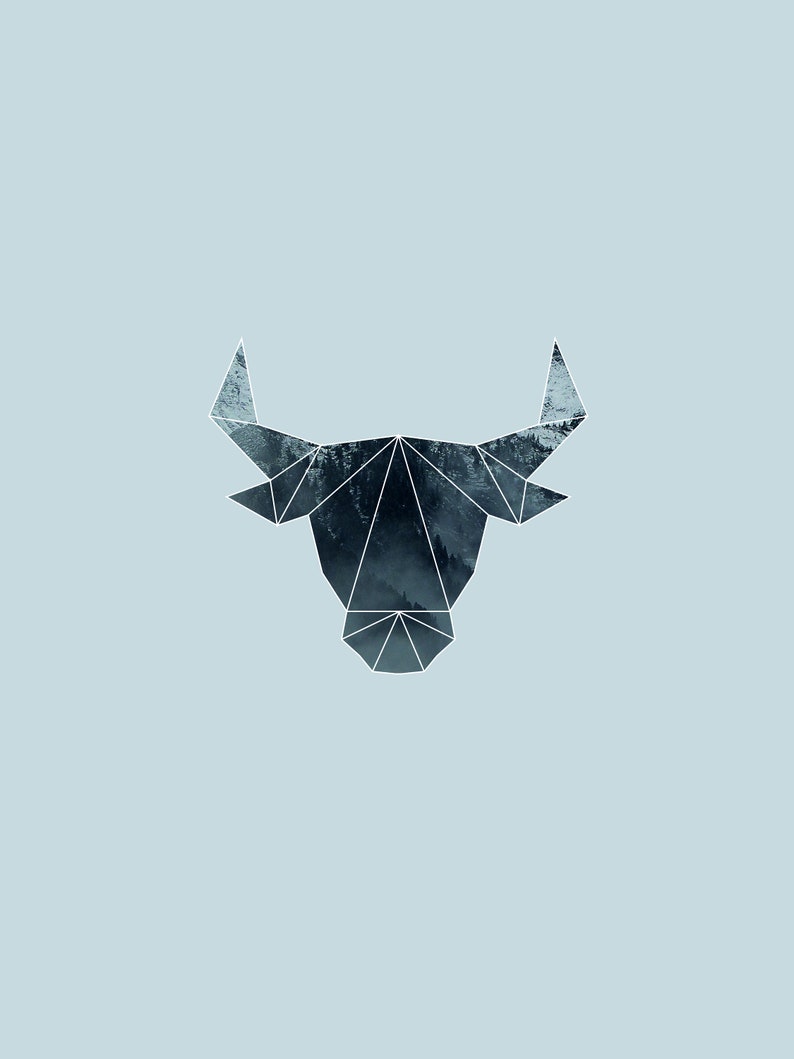 May include: A geometric illustration of a bull's head with a forest scene inside the shape.