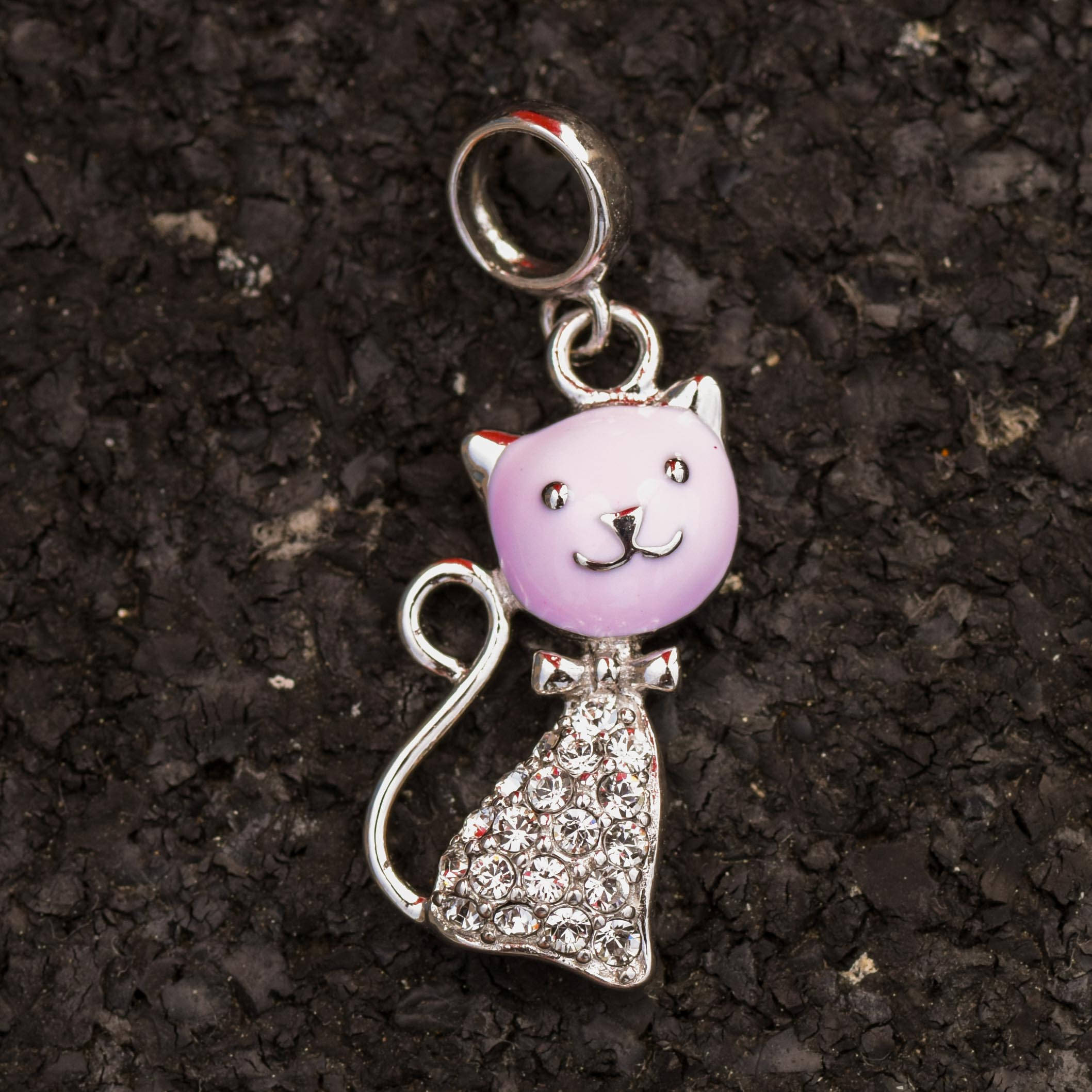 Pink & Silver Cat Charm with Crystals For Bracelet Necklace Etsy