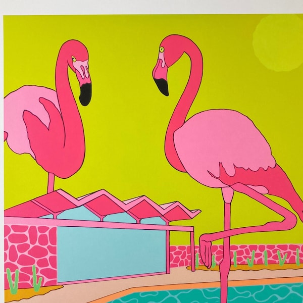 Flamingos in Palm Springs - Desert Mid Century Modern - Giclee Print - pop art, Retro, Googie, Lowbrow, California, monster, kitsch, birds