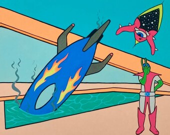 Rocket Ship - Mid Century Modern - Giclee Print - pop art, Retro, Googie, Tiki Art, Lowbrow, kosmisch, Californië, ruimte, monster, kitsch