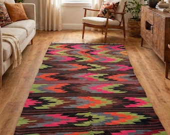 Large Turkish Kilim Rug 5.4x10.5 ft Vintage Handwoven Bohemian Floor Rug, VB1023