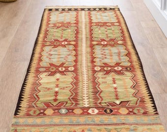 Vintage Turkish Kilim Runner 4.5x10.1 ft Handmade Anatolian Hallway Rug