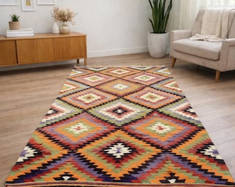 Vintage Turkish Kilim Rug, Handwoven Wool Geometric Tribal Carpet 5.7x11.1 ft