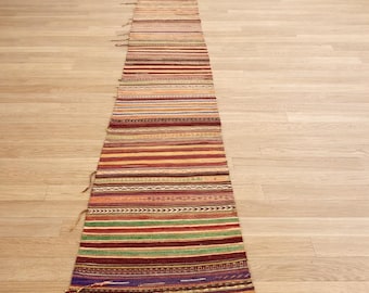 Vintage Turkish Kilim Runner Rug: Handwoven Wool Hallway Carpet (2.4x21.1 ft)