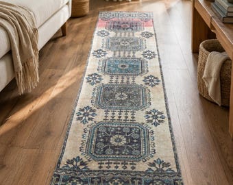 2.6x11.6 Ft Vintage Turkish Runner Rug, Handmade Wool Hallway Runner, Anatolian Oushak Corridor Rug, VB1145