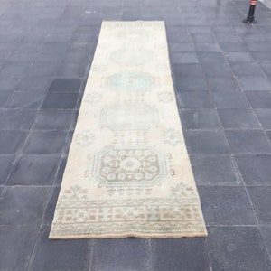 Tribal runner rug/ Hallway rug/ Pink runner rug/ Oushak runner/ Wool floor mat/ Vintage rug/ Stair rug/ Turkish rug/ 2.7 x 11.8 ft/ MB 3154