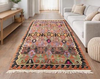 Alfombra Kilim turca vintage de 1,5 x 2,9 m: alfombra bohemia anatolia tejida a mano