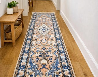 Vintage Turkish Oushak Runner Rug, Handmade Wool Hallway Corridor Carpet