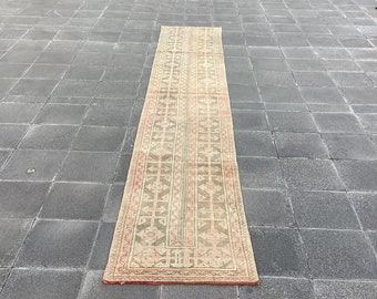 Vintage Turkish Runner Rug 1.9x11.2 ft, Handmade Wool Anatolian Hallway Carpet