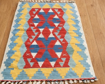 Handwoven Wool Kilim Rug: Colorful Turkish Tribal Boho Accent (2.7 x 3.8 ft)