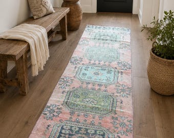 Vintage Turkish Runner Rug 2.6x10.4 Ft, Handmade Wool Hallway Runner, Anatolian Oushak Rug, Long Corridor Rug, VB1147