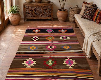 5.3x8.7 ft Vintage Turkish Kilim Rug, Handwoven Wool Tribal Boho Carpet, VB1022