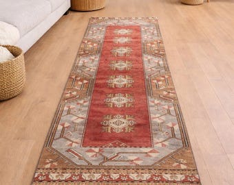 Vintage Turkish Runner Rug 2.4x8.3 ft Handmade Anatolian Hallway Carpet