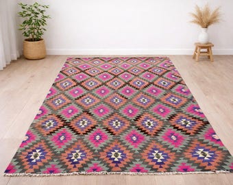 Vintage Turkish Kilim Rug, Handwoven Wool Geometric Tribal Area Rug 6x10.4 ft