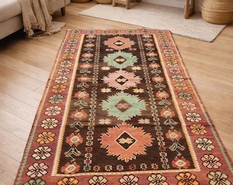 Vintage Turkish Kilim Rug, Handmade Anatolian Wool Boho Area Rug
