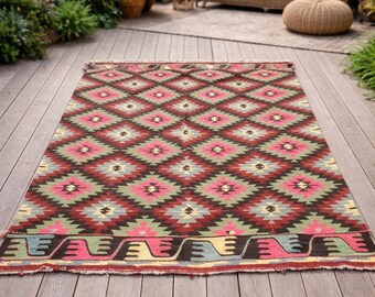Türkischer Vintage Kelim Teppich – Handgewebter Kelim Teppich, Geometrisches Muster, Boho Dekor