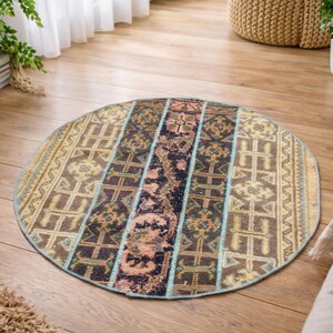 Tapis patchwork rond vintage tissé à la main, accent bohème turc au sol 2,9 x 2,9 pieds