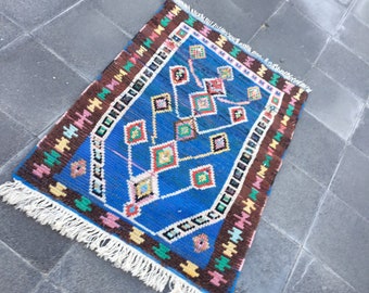 Tappeto Kilim turco vintage tessuto a mano, 2,4x3,6 piedi, tappeto geometrico in lana blu