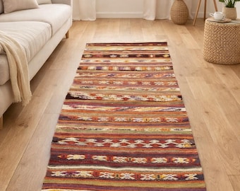 Vintage Turkish Kilim Runner 3x8.3 ft Handmade Boho Hallway Rug