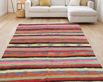 Colorful Vintage Kilim Rug 6.2x9.1 ft – Handmade Turkish Rug