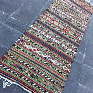 May include: A long, rectangular rug with a vibrant, geometric pattern. The rug features alternating stripes of green, red, brown, and blue, with intricate diamond and zigzag designs. White fringe edges the rug's ends, adding a textural contrast.