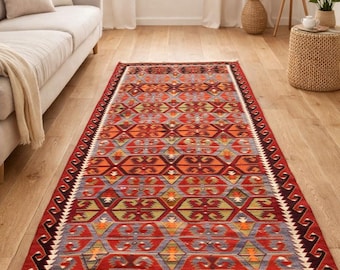 Vintage Turkish Kilim Rug 5.2x12.4 ft Handmade Boho Tribal Anatolian Wool Carpet