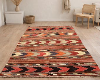 Oversized Turkish Kilim Rug 7.3x13.9 ft – Vintage Handmade Boho Area Rug