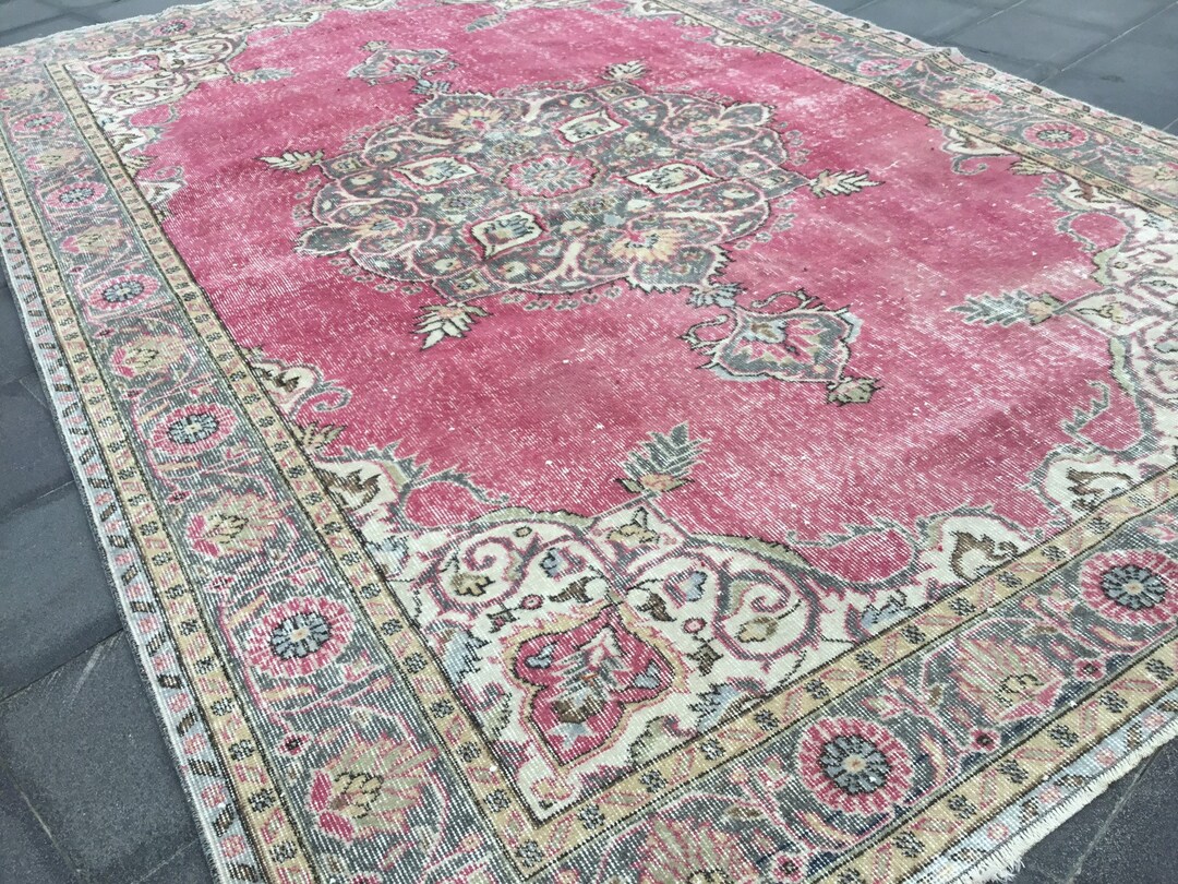 6.7x10 Ft Vintage Turkish Area Rug Faded Pink Medallion Handwoven Wool ...